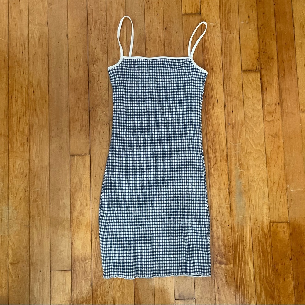 Aritzia Wilfred blue gingham bodycon smocked dress size XS